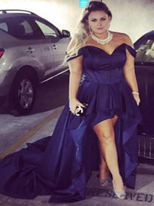 Gorgeous Off-the-Shoulder Sleeveless Ruched Asymmetrical Satin Plus Size Prom Dress-ballbellauk