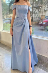 Gorgeous Off-The-Shoulder Split Prom Dress UK in Dusty Blue with Pleats-ballbellauk