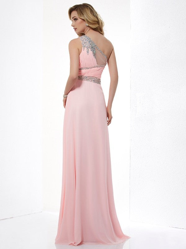 Gorgeous One-Shoulder Beading Sleeveless Chiffon Long Prom Dress-ballbellauk
