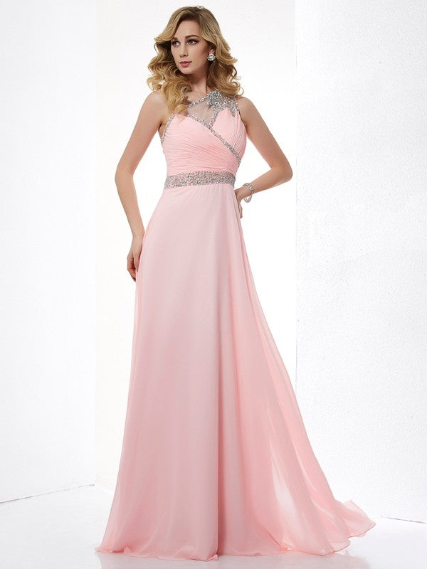 Gorgeous One-Shoulder Beading Sleeveless Chiffon Long Prom Dress-ballbellauk