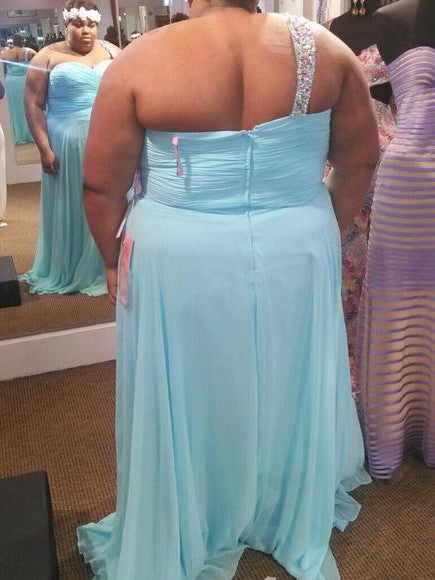 Gorgeous One-Shoulder Beading Sleeveless Long Chiffon Plus Size Prom Dress-ballbellauk