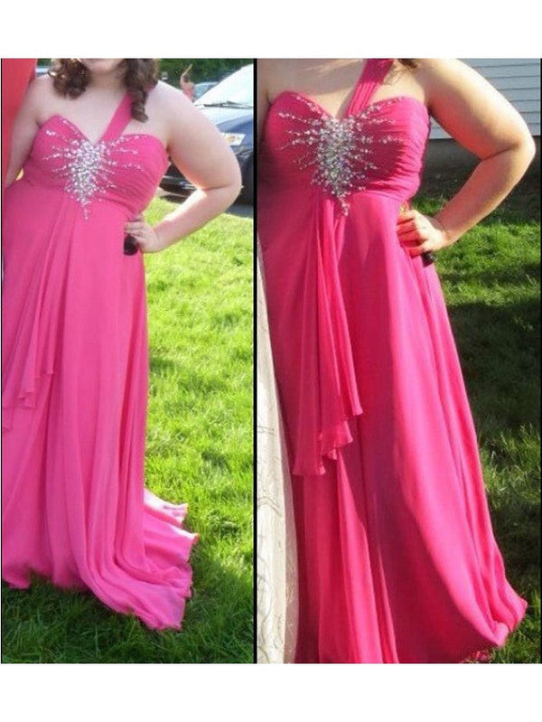 Gorgeous One-Shoulder Beading Sleeveless Long Chiffon Plus Size Prom Dress-ballbellauk
