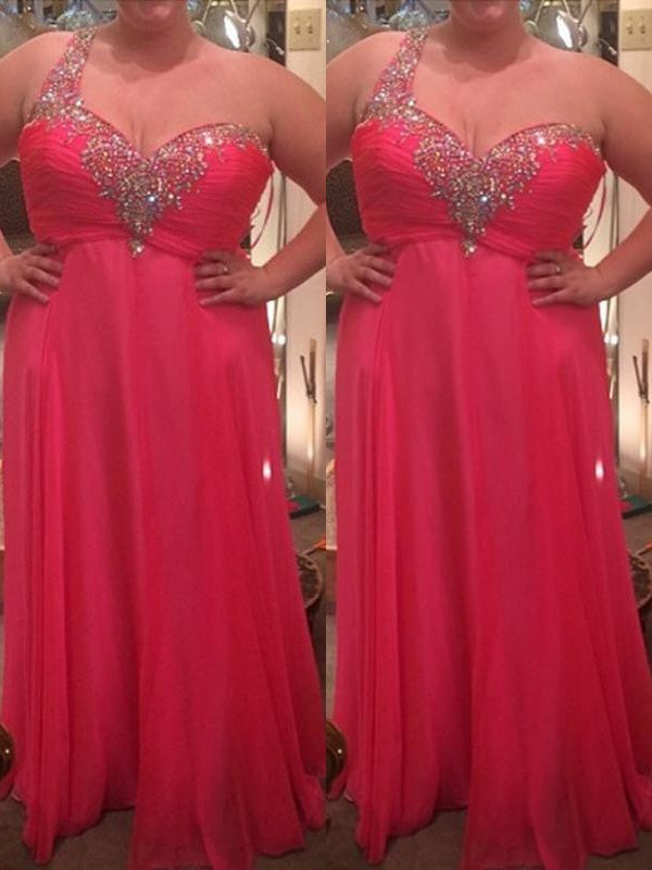 Gorgeous One-Shoulder Beading Sleeveless Long Chiffon Plus Size Prom Dress-ballbellauk