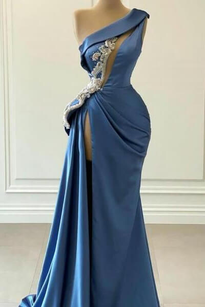 Gorgeous One Shoulder Blue Mermaid Prom Dress UK With Beaded Detail-ballbellauk