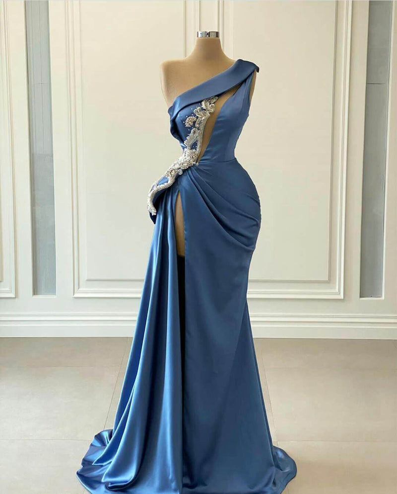 Gorgeous One Shoulder Blue Mermaid Prom Dress UK With Beaded Detail-ballbellauk