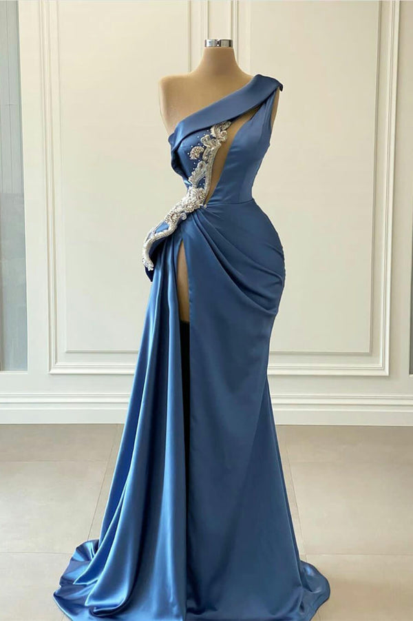 Gorgeous One Shoulder Blue Mermaid Prom Dress UK With Beaded Detail-ballbellauk