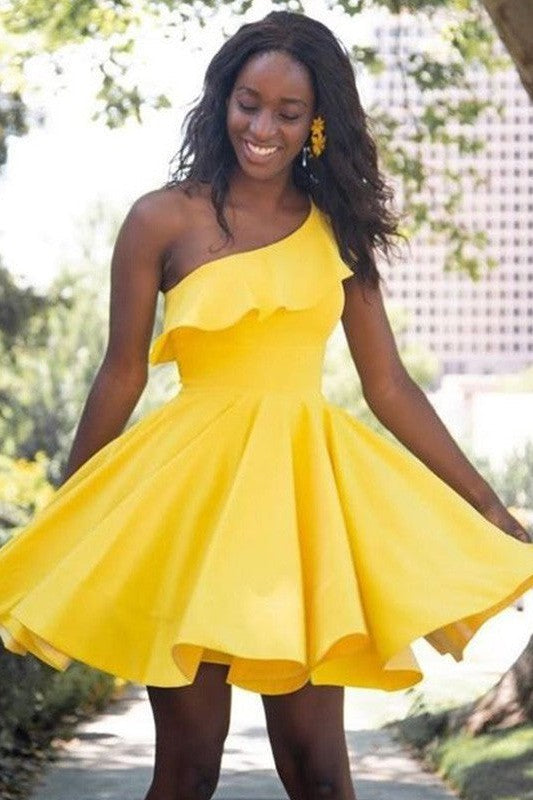 Gorgeous One-Shoulder Ruffles Sleeveless Satin Homecoming Dress-ballbellauk