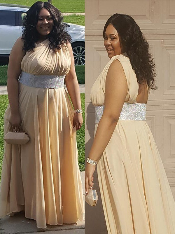 Gorgeous One-Shoulder Sleeveless Crystal Long Chiffon Plus Size Prom Dress-ballbellauk