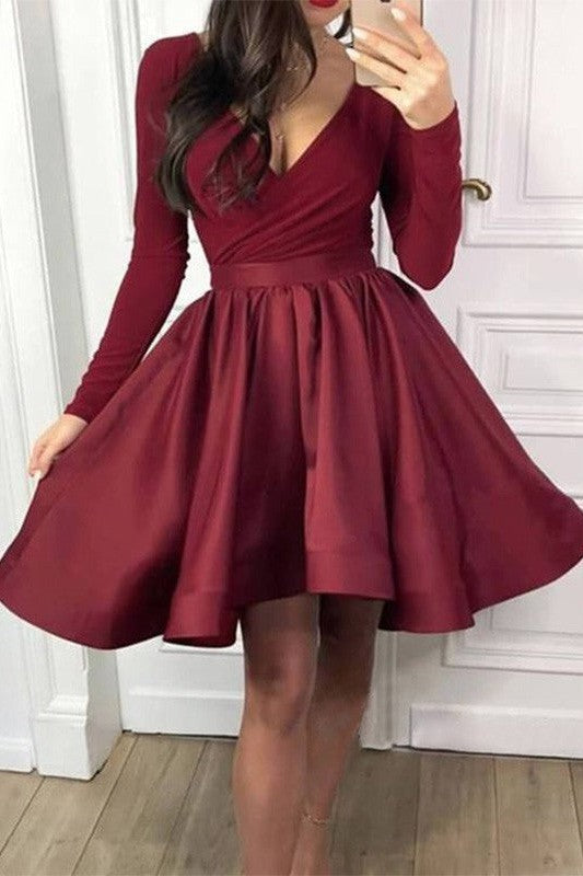 Gorgeous Ruffles Long Sleeves V-neck Satin Homecoming Dress-ballbellauk