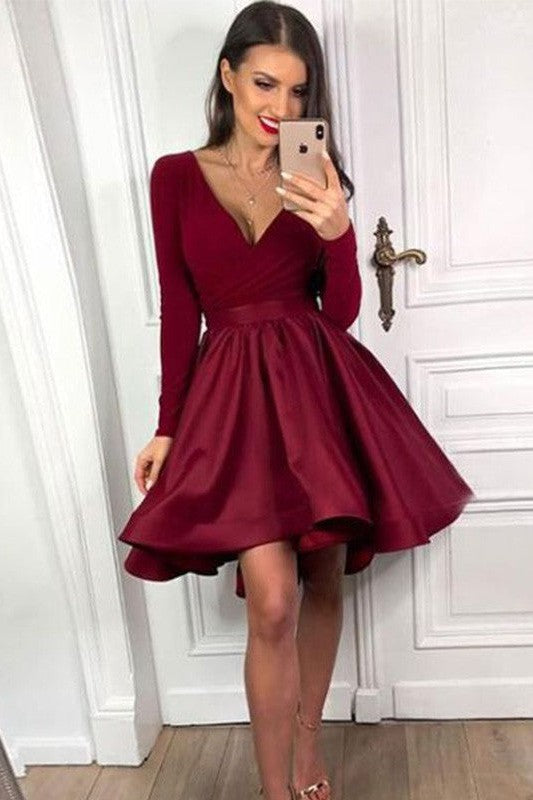 Gorgeous Ruffles Long Sleeves V-neck Satin Homecoming Dress-ballbellauk