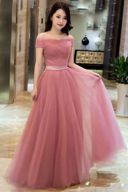 Gorgeous Ruffles Off-the-Shoulder Sleeveless Long Tulle Prom Dress online-ballbellauk