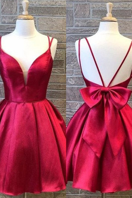 Gorgeous Satin Spaghetti-Straps Sleeveless Bowknot Homecoming Dress-ballbellauk