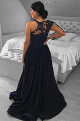Gorgeous Satin With Appliques Scoop Long Sleeves Prom Dress-ballbellauk