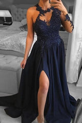 Gorgeous Satin With Appliques Scoop Long Sleeves Prom Dress-ballbellauk