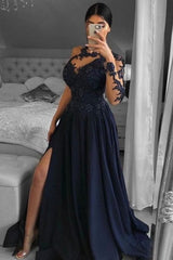 Gorgeous Satin With Appliques Scoop Long Sleeves Prom Dress-ballbellauk