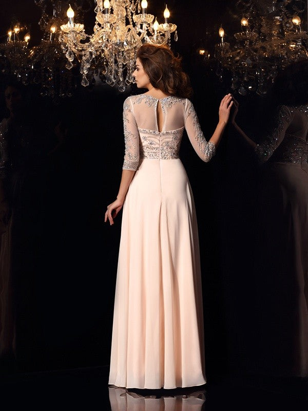Gorgeous Scoop Beading 3/4 Sleeves Long Evening Dress Chiffon-ballbellauk