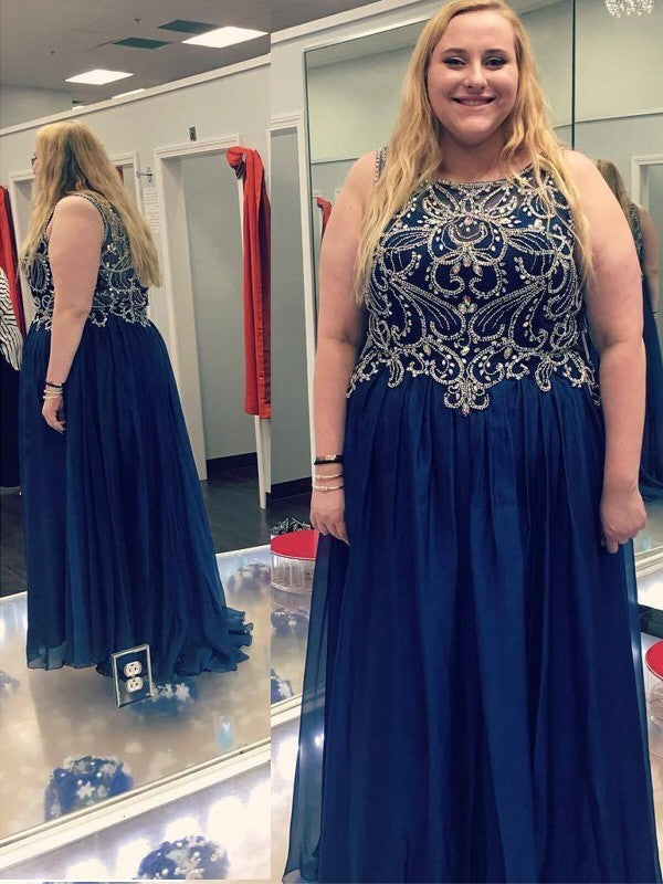 Gorgeous Scoop Beading Sleeveless Chiffon Plus Size Prom Dress-ballbellauk