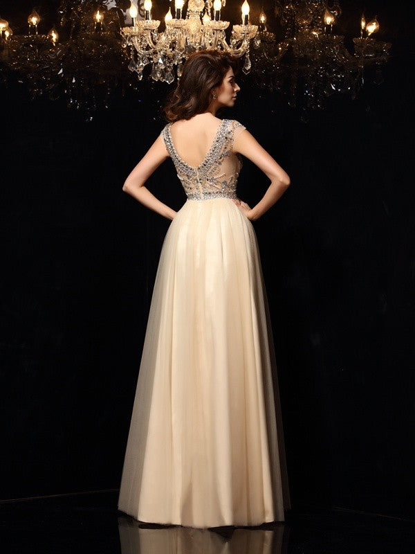 Gorgeous Scoop Beading Sleeveless Long Net Prom Dress-ballbellauk