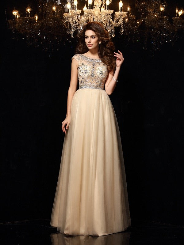 Gorgeous Scoop Beading Sleeveless Long Net Prom Dress-ballbellauk