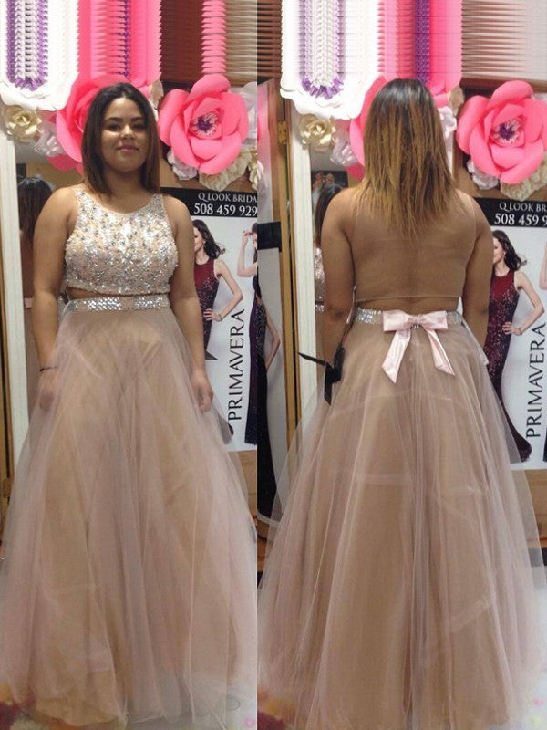 Gorgeous Scoop Beading Sleeveless Long Tulle Plus Size Prom Dress-ballbellauk