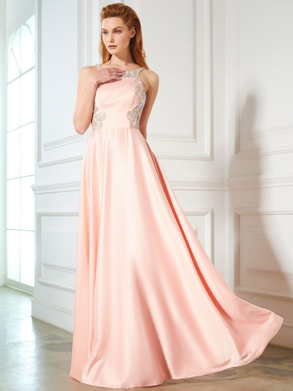 Gorgeous Scoop Beading Sleeveless Satin Long Prom Dress-ballbellauk