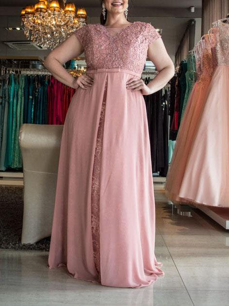Gorgeous Scoop Short Sleeves Lace Long Chiffon Plus Size Prom Dress-ballbellauk
