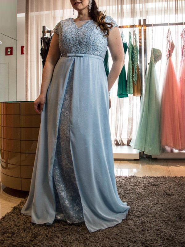 Gorgeous Scoop Short Sleeves Lace Long Chiffon Plus Size Prom Dress-ballbellauk