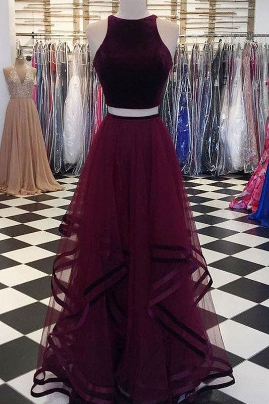 Gorgeous Scoop Sleeveless Long Ruffles Tulle Prom Dress online-ballbellauk