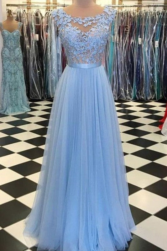 Gorgeous Scoop Sleeveless Long With Appliques Tulle Prom Dress online-ballbellauk