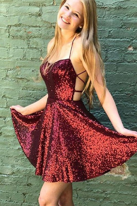 Gorgeous Sequins Ruffles Spaghetti-Straps Sleeveless Homecoming Dress-ballbellauk