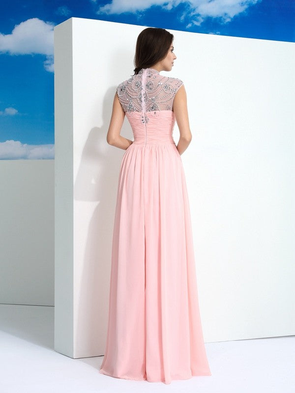 Gorgeous Sheer Neck Beading Sleeveless Long Evening Dress Chiffon-ballbellauk