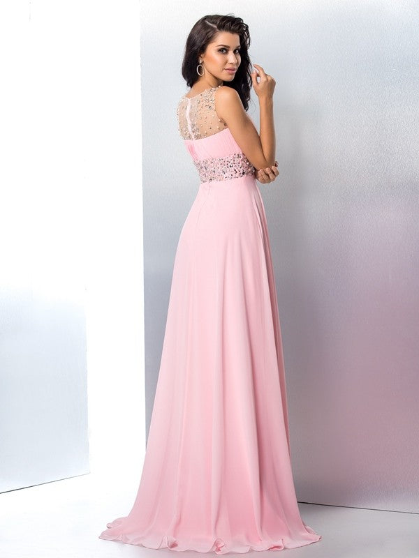 Gorgeous Sheer Neck Beading Sleeveless Long Evening Dress Chiffon-ballbellauk
