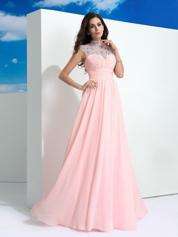 Gorgeous Sheer Neck Beading Sleeveless Long Evening Dress Chiffon-ballbellauk