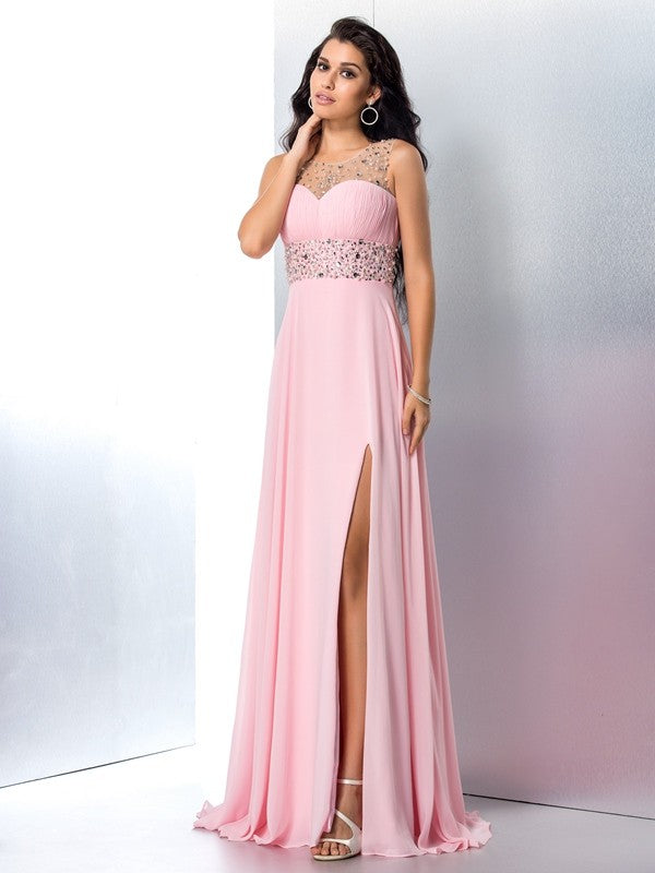 Gorgeous Sheer Neck Beading Sleeveless Long Evening Dress Chiffon-ballbellauk