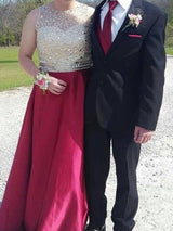 Gorgeous Sheer Neck Beading Sleeveless Long Satin Plus Size Prom Dress-ballbellauk