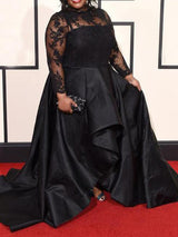 Gorgeous Sheer Neck Long Sleeves With Appliques Asymmetrical Satin Plus Size Prom Dress-ballbellauk