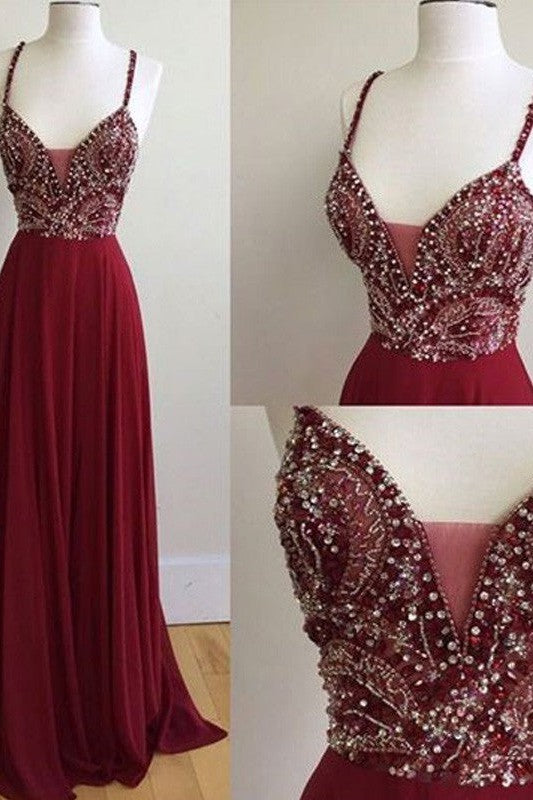 Gorgeous Spaghetti-Straps Prom Dress Sleeveless Long With Beadings-ballbellauk