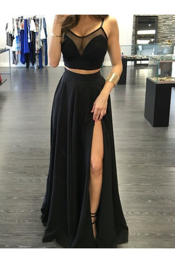 Gorgeous Spaghetti-Straps Sleeveless Long Chiffon Two Piece Prom Dress-ballbellauk