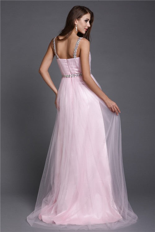 Gorgeous Spaghetti-Straps Sleeveless Long Net Prom Dress-ballbellauk