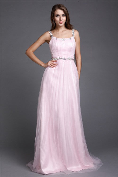 Gorgeous Spaghetti-Straps Sleeveless Long Net Prom Dress-ballbellauk