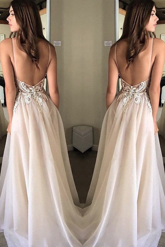Gorgeous Spaghetti-Straps Sleeveless With Appliques Evening Dress Chiffon-ballbellauk