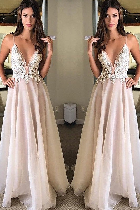 Gorgeous Spaghetti-Straps Sleeveless With Appliques Evening Dress Chiffon-ballbellauk