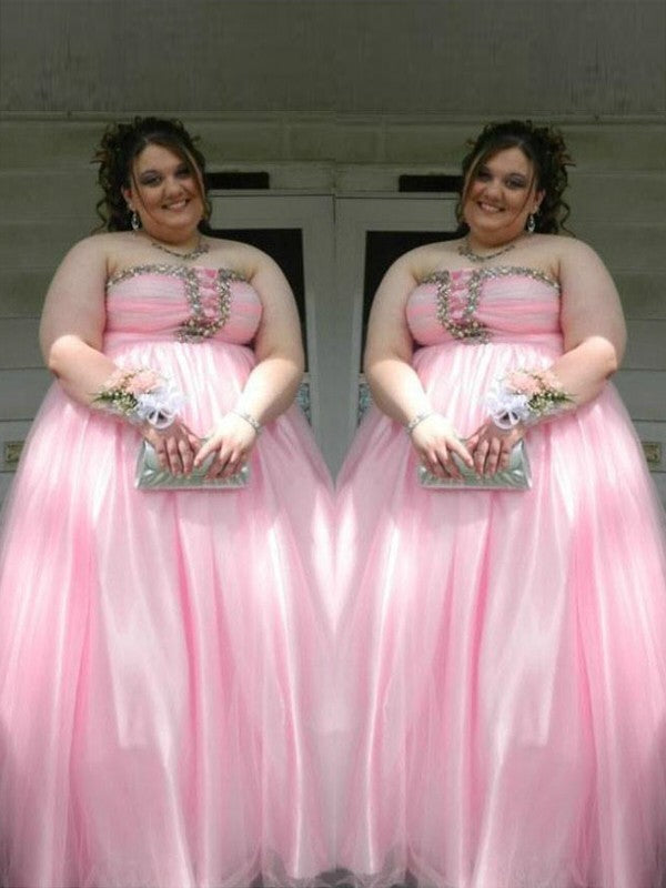 Gorgeous Strapless Beading Sleeveless Long Satin Plus Size Prom Dress-ballbellauk