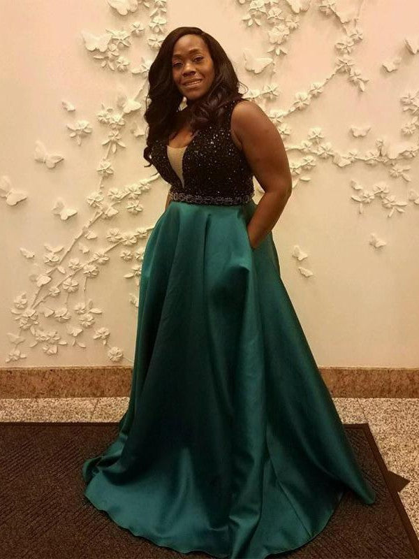 Gorgeous Straps Beading Sleeveless Satin Plus Size Prom Dress-ballbellauk