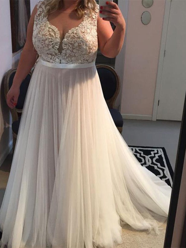 Gorgeous Straps Sleeveless With Appliques Tulle Plus Size Prom Dress-ballbellauk