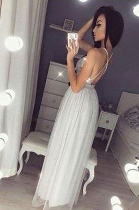 Gorgeous Straps V-neck Sleeveless Chiffon Beading Long Dress-ballbellauk