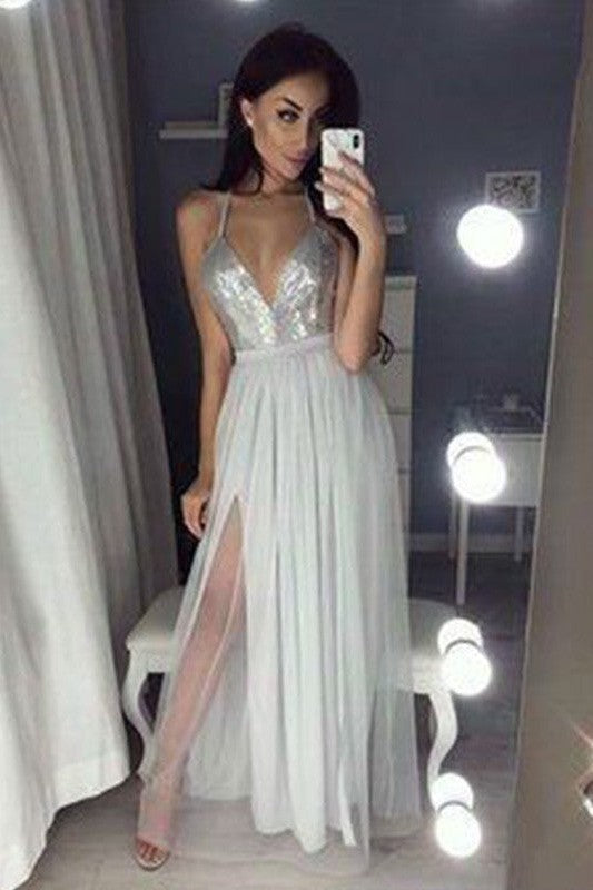 Gorgeous Straps V-neck Sleeveless Chiffon Beading Long Dress-ballbellauk