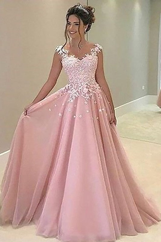 Gorgeous Sweetheart Sleeveless Long With Appliques Tulle Prom Dress-ballbellauk