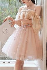 Gorgeous Tulle Beading Spaghetti-Straps Half Sleeves Homecoming Dress-ballbellauk