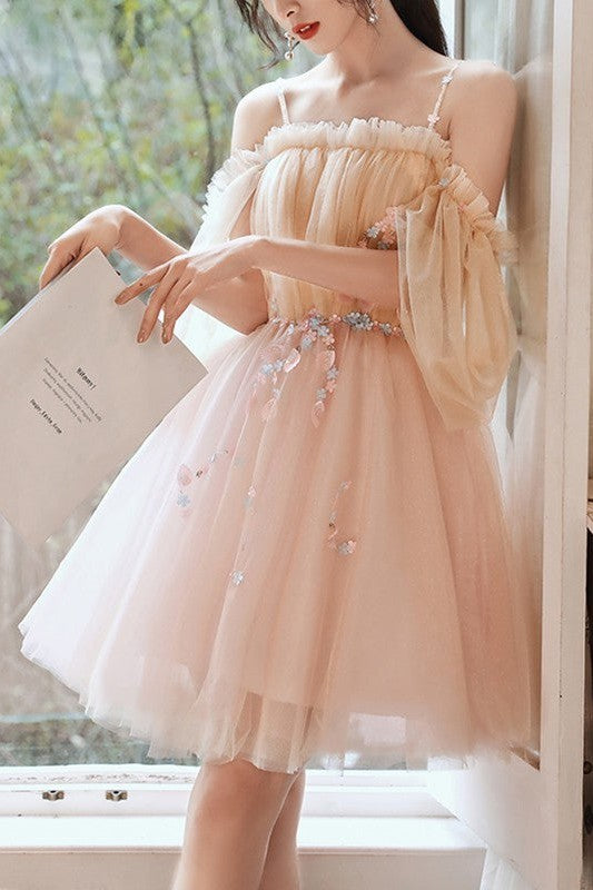 Gorgeous Tulle Beading Spaghetti-Straps Half Sleeves Homecoming Dress-ballbellauk